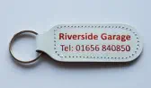 Metallic Red print on White Oblong Promotional Leather Keyring